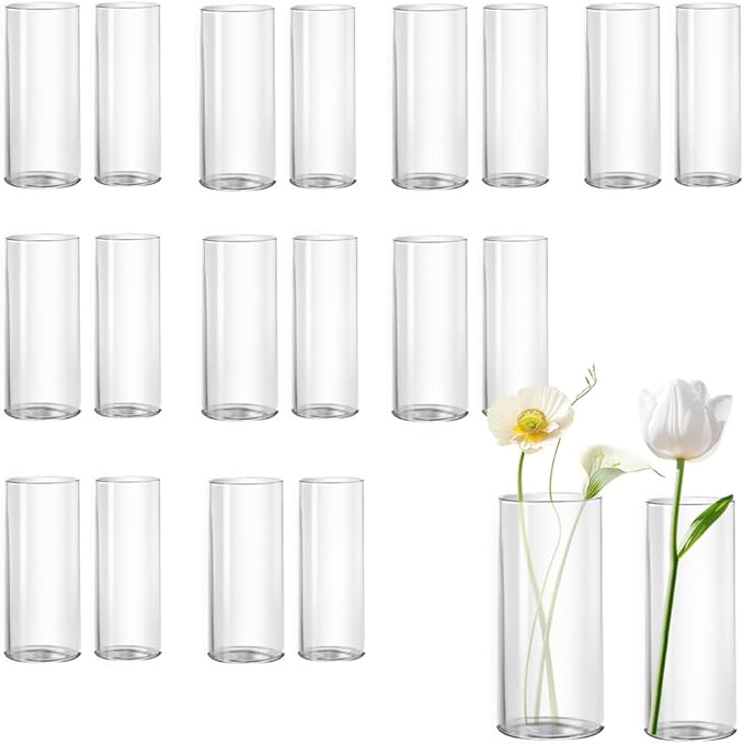 20 Pack Glass Cylinder Vase for Centerpieces, 7.48 and 7.87 inch Candle Flower Vase for Party, Wedding, Banquet Decoration,