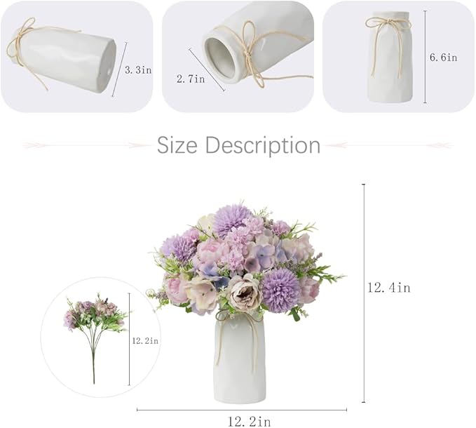 LESING Artificial Peony with Vase Silk Flowers Bouquets Fake Hydrangea Bulks for Home Table Centerpieces Wedding Decoration(Purple-1)