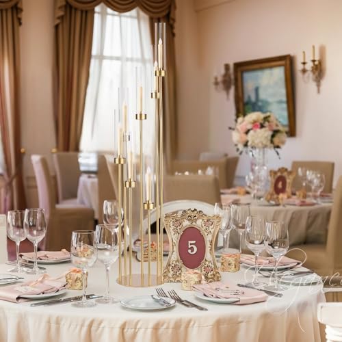 Gold Candelabra Wedding Centerpieces for Tables,Floor Candelabra Candlestick Holders 7 Arm Candle Holder Acrylic lampshade for Party Event candelabros para centros de mesa Fit 0.98" LED Candle