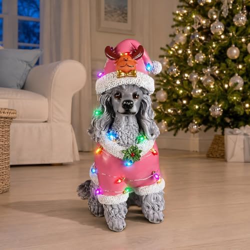 lighted christmas poodle statue, pink outfit, side view