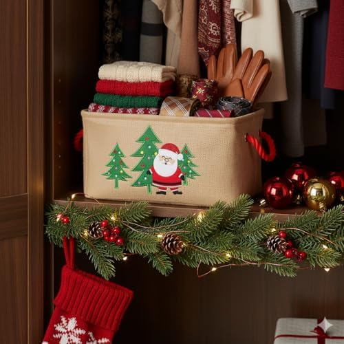 Christmas Basket Large Christmas Gift Baskets Empty Fabric Organizer Bin with Handles, Gift Bags Foldable Holiday Toy Gift Holder for Fireplace, Kids Room, Home Decor
