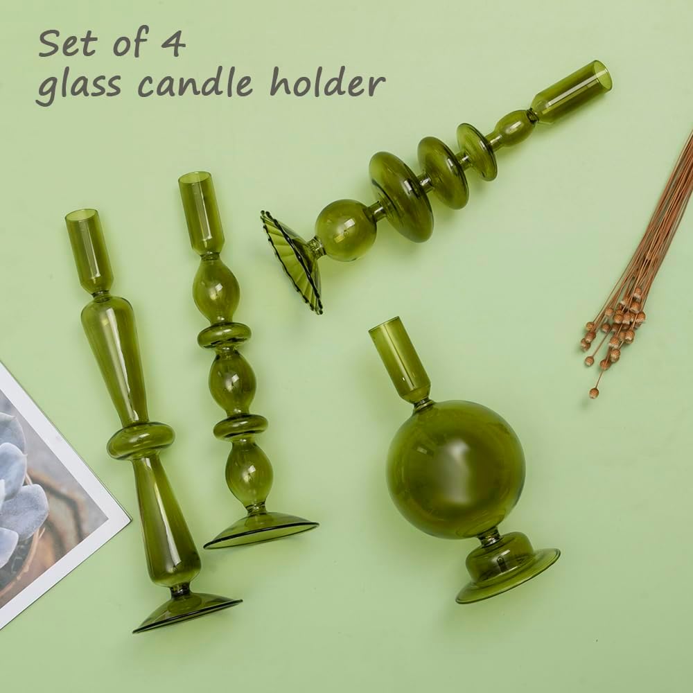 Candle Stick Candle Holder, Glass Candle Holders for Table Centerpiece, Modern Style Green Candle Holder Mixed 4pcs