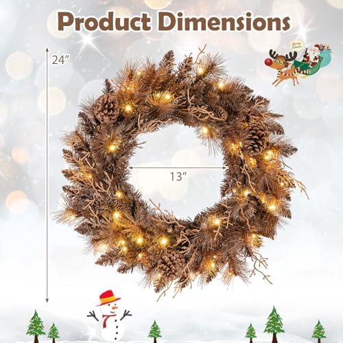 goplus 24 inch pre-lit christmas wreath, battery operated on a desk or shelf