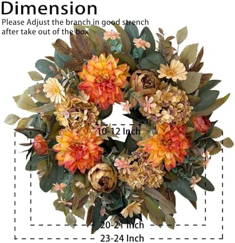 wanna-cul 24in fall front door wreath dahlia hydrangea, side view