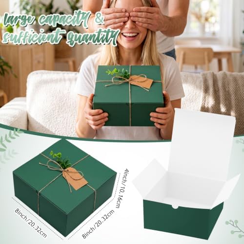 Crtiin 8 Pack Gift Boxes with Lids, 8x8x4 Inch Forest Green Bridesmaid Proposal Gift Box with Shredded Paper, Twine, Tags & Eucalyptus Leaves for Presents, Wedding, Birthday, Christmas, Baby Shower