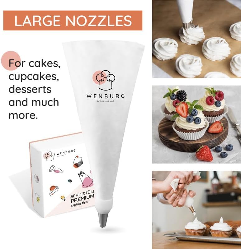 Wenburg Versatile & Easy-to-Clean Large Icing Piping Bags and Tips Set - Reusable 7 Large Icing Tip for Cake Decorating - Cotton Icing Bag - Coupler I Professional Cupcake Kit, Premium Baking Supplies