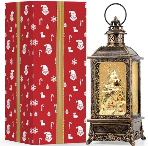 Christmas Snow Globe Lantern Musical Lighted Snow Mountain Snowman Village Water Lantern with Swirling Glitter Decoration for Christmas Home, Living Room, Batter Operated or USB Powered