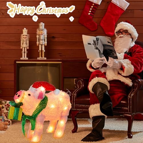 15" lighted christmas pig, 3d pre‑lit indoor outdoor, front angle view