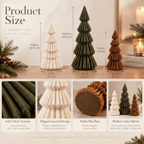 set of 3 velvet ceramic christmas tree decor, side view