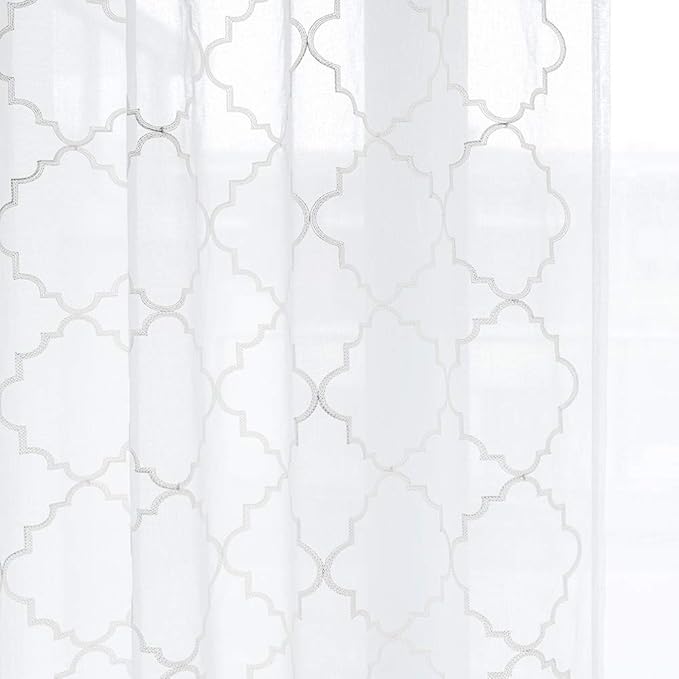 White Sheer Curtains 84 Inches Long, Rod Pocket Sheer Drapes for Living room, Bedroom, 2 Panels, 52"x84", Embroidered Moroccan Tile Lattice Design Semi Voile Window Treatments for Yard, Patio, Villa.