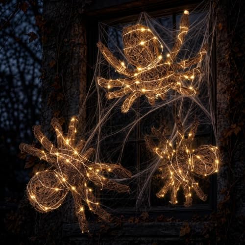 halloween rattan woven fake spider decor with string, front angle view