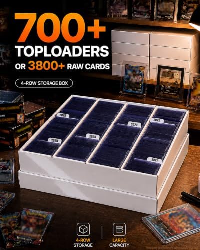 4 row toploader trading card storage box with shown in use