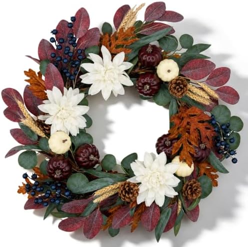 24 inch fall wreath for front door, autumn on a desk or shelf