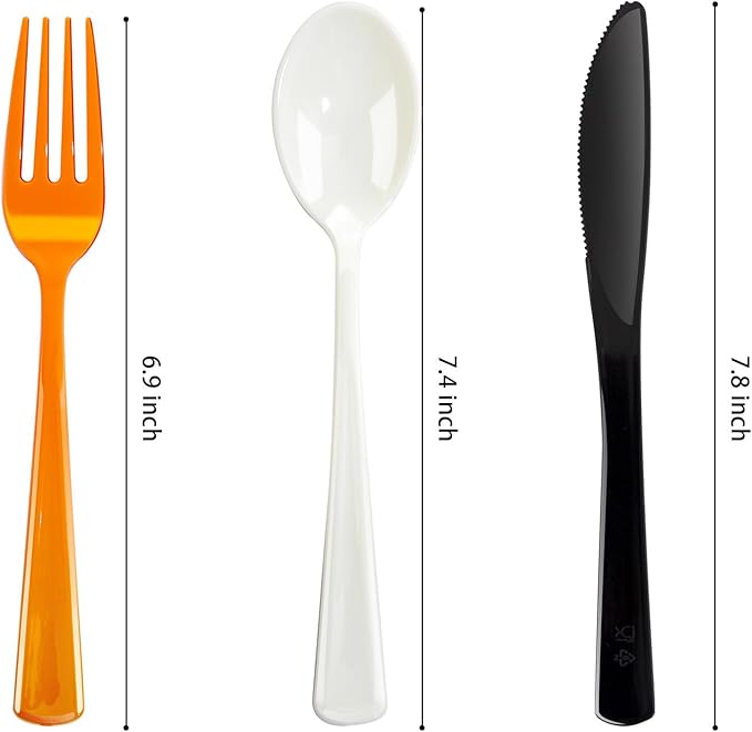NOCCUR 180PCS Halloween Plastic Silverware Set - Tricolor Flatware Disposable Supplies Include 60 Black Knives, 60 Orange Forks, 60 White Spoons - Ideal for Halloween Party
