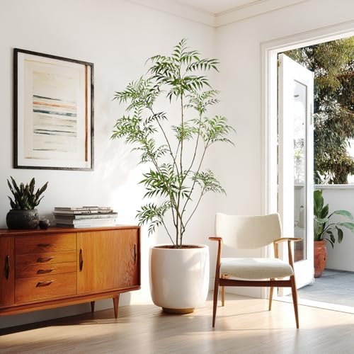 7ft artificial mahonia fortunei tree with white plastic, close-up detail