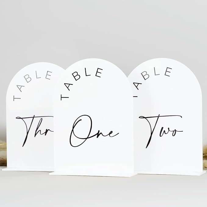 JINMURY White Arch Wedding Table Numbers 1-15 with Stands, 5x7 Inch Acrylic Arch Sign with Black Lettering, White Acrylic Table Numbers for Wedding Reception
