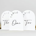 JINMURY White Arch Wedding Table Numbers 1-10 with Stands, 5x7 Inch Acrylic Arch Sign with Black Lettering, White Acrylic Table Numbers for Wedding Reception