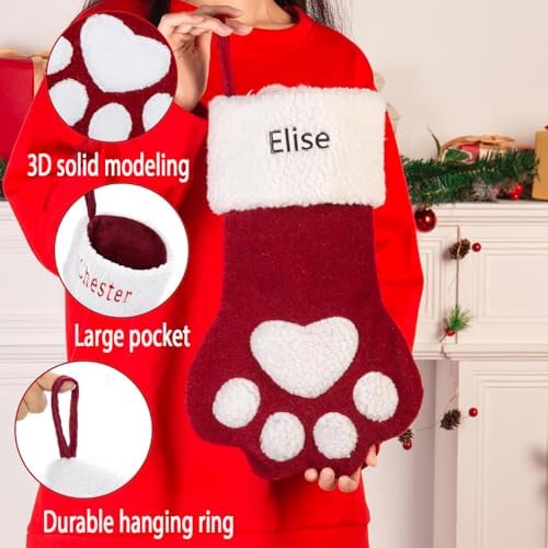 Custom Pet Christmas Stocking: Large Personalized Embroidered Name Stocking for Dogs Cats Pets, Paw Shape Xmas Stocking Fireplace Hanging Stockings Family Holiday Stockings (1 pcs)
