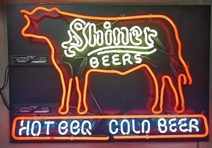 Neon Signs Compatible for Shiner Beer Hot Bbq Cold Beer,Real Handmade Neon Light for Office Hotel Pub Cafe Birthday Party Man Cave Neon Light Art Wall Lights 24 X 20 Inches