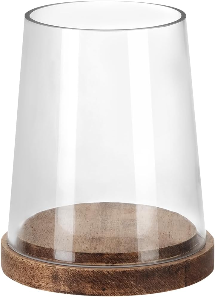 6" Wide Glass Hurricane Candle Holders with Handmade Sturdy Glass Sleeves and Vintage Natural Wood Base for Pillar Candle & Plants, Industrial, Farmhouse, Display Cloche Bell Jars, Table Centerpiece