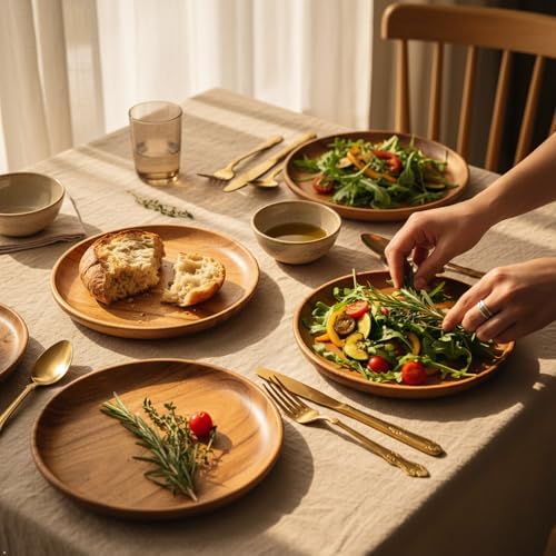 acacia round wood plates, set of 4, 8, front angle view
