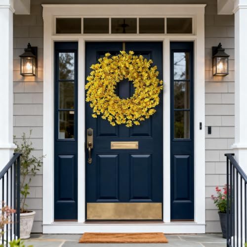 24" artificial yellow forsythia flower wreath for front, close-up detail