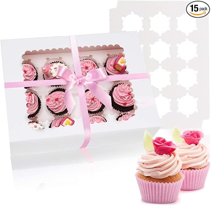 Rarapop 15 Pack Cupcake Boxes Hold 12 Standard Cupcakes, Food Grade Cupcake Holders Bakery Carrier Boxes with Windows and Inserts for Cupcakes, Muffins and Pastries