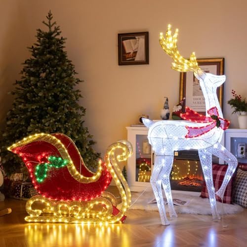 tangkula 5.4 ft christmas lighted reindeer & santa’s, close-up detail