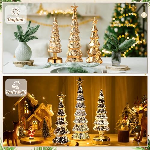 funnymoom 3 pack glass christmas trees light up, close-up detail