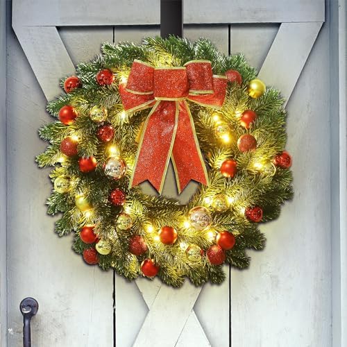 juegoal 16 inch pre-lit christmas wreath with metal on a desk or shelf