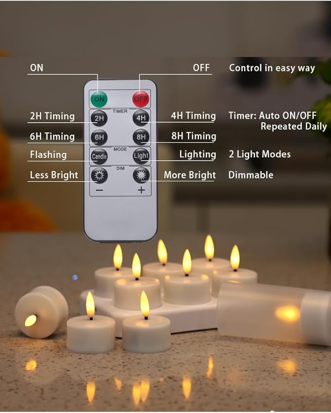 Rechargeable LED Tea Lights, Flickering Flameless Candles with Remote Timer, 12 PCS Electric Battery Operated Candles with Charging Base for Christmas Weddings Decorative (Black Wick)