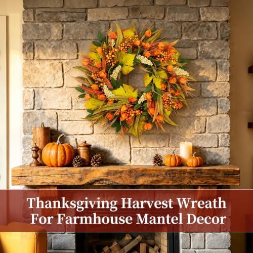 yangrass 24 inch fall harvest wreath for front, front angle view