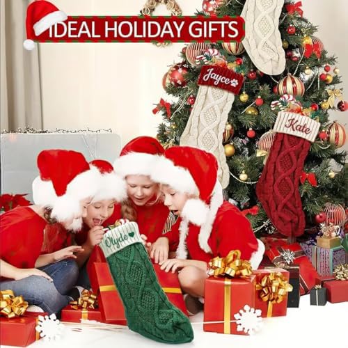 Dreamdecor Personalized Christmas Stockings with Names Monogram, 18” Large Family Knitted Xmas Stocking with Leather Nameplate for Kids, 1 Pack Customized Christmas Stockings for Fireplace Holiday