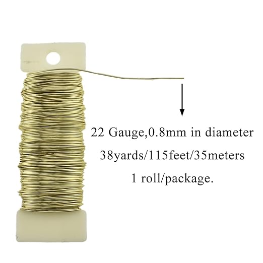 HAHIYO 22Gauge Golden Floral Wire - 1 Roll, 38 Yards (115 Feet) Flexible Paddle Wire for Crafts, Christmas Wreaths, Tree & Flower Arrangement, Bouquet Wrapping, Wedding DIY