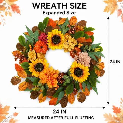 24 inch fall wreaths for front door with, close-up detail