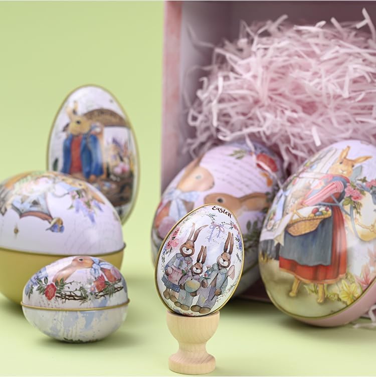 4.3" Medium Easter Egg Tin - Retro Rabbit & Carrot Metal Storage Box, Traditional Garden Style Egg Shaped Keepsake for Candies & Jewelry