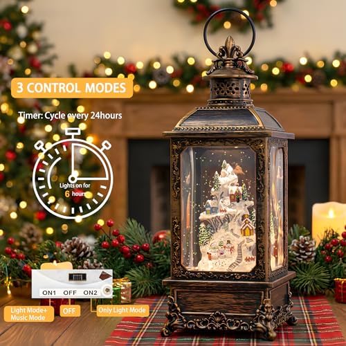 Christmas Snow Globe Lantern Musical Lighted Snow Mountain Snowman Village Water Lantern with Swirling Glitter Decoration for Christmas Home, Living Room, Batter Operated or USB Powered