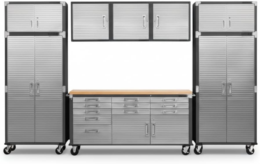 Heavy Duty 8-Piece Steel Garage Cabinet Storage Set with Rolling Workbench, Storage Cabinet System,Perfect for Big Garage or Workshop. (Graphite Black, 12 feet (144” W x 20" D x 90.5" H))