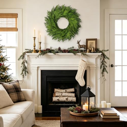 26" large cedar norfolk pine wreath for front shown in use