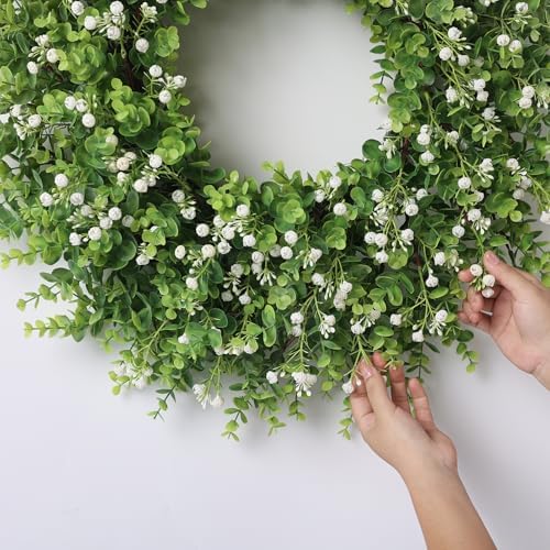 26" artificial eucalyptus wreath with flowers for front, side view