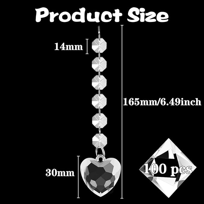 100 Pack Hanging Crystals - Clear Acrylic Prisms Pendant Ornaments for Christmas Tree, Centerpieces, Chandelier, Window & Home Decor, Ideal for Weddings, Parties Decorations (Heart)