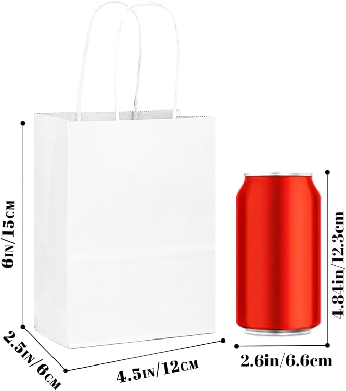 Bakepacker 100 Pcs White Mini Paper Gift Bags with Handles 6"x4.5"x2.5" Party Favor Bags Multiple Uses (Mini size)