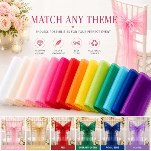 New Organza Chair Bow/Sash Décor for Wedding Reception Events Banquets Bows Decoration Sashes - (25, Champagne new)