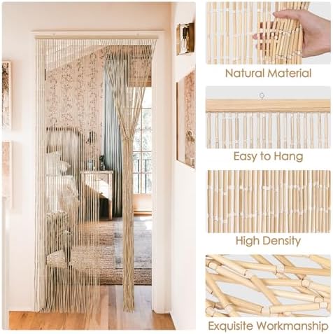 bechaeo handmade bamboo beaded curtain for doorway, natural, side view