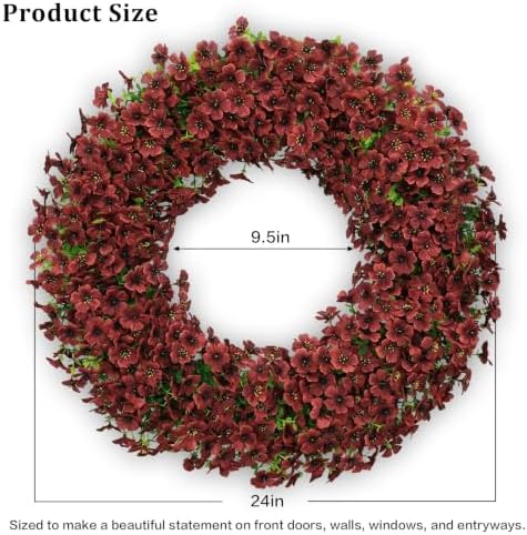 24" burgundy artificial floral wreath for front door shown in use