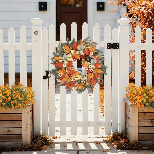 realistic fall wreath with lights/timer 24 inch fall, front angle view