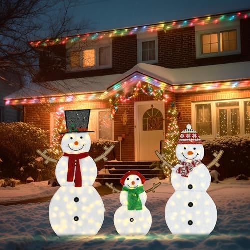 lighted snowman family outdoor christmas decoration, set of, front angle view