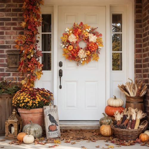 24 inch fall wreath for front door, artificial on a desk or shelf