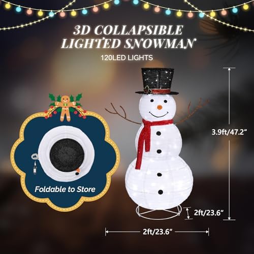vingli 4ft lighted christmas snowman outdoor decorations, prelit showing dimensions