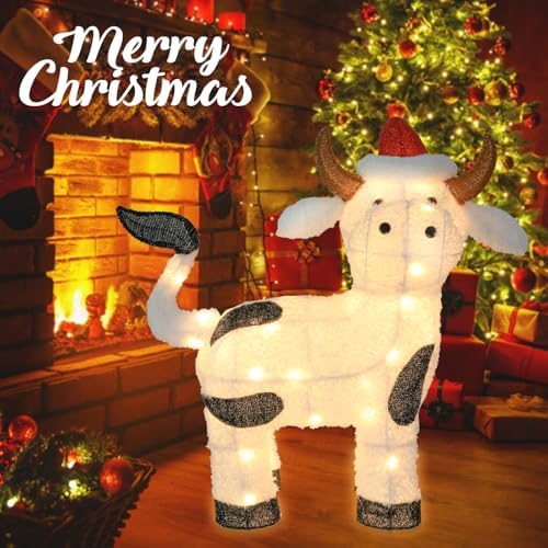 bshine lighted christmas cow decor, pre lit led, close-up detail